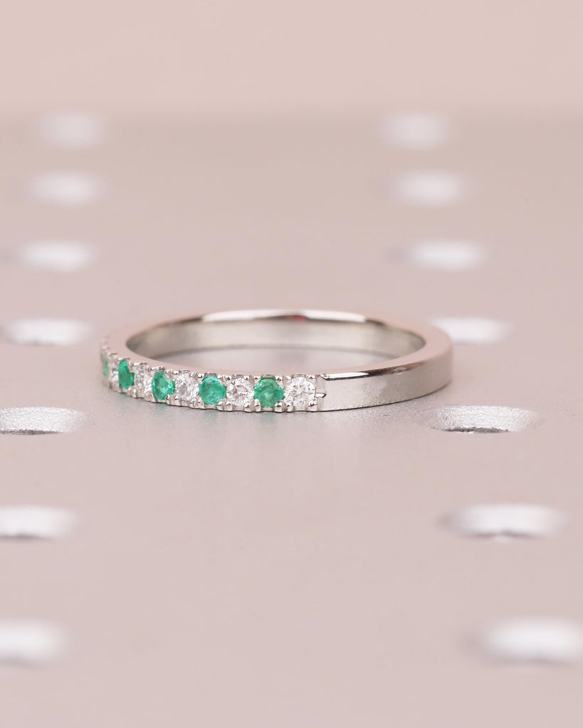 Emerald Diamond Wedding Band Women, Platinum Half Eternity Ring, Dainty Wedding Band, Green Gemstone Jewelry, Unique May Birthstone Rings image #4