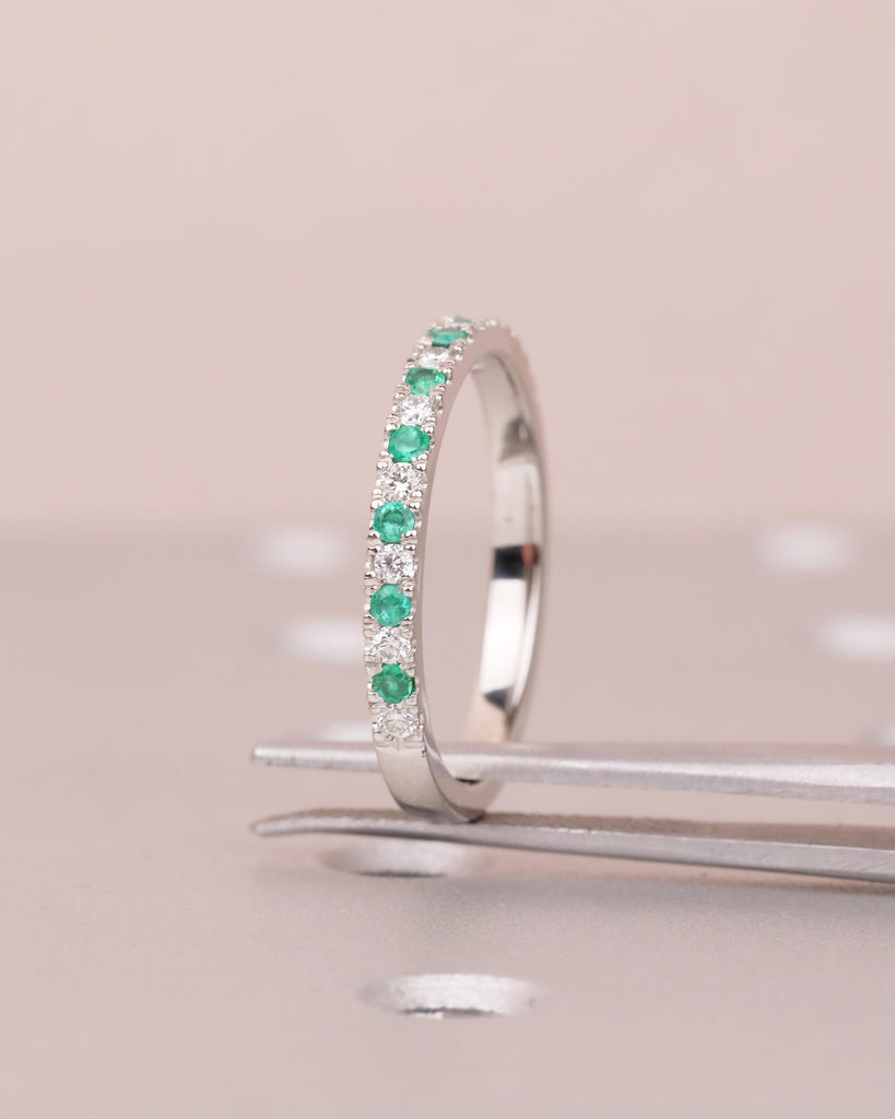 Emerald Diamond Wedding Band Women, Platinum Half Eternity Ring, Dainty Wedding Band, Green Gemstone Jewelry, Unique May Birthstone Rings image #14
