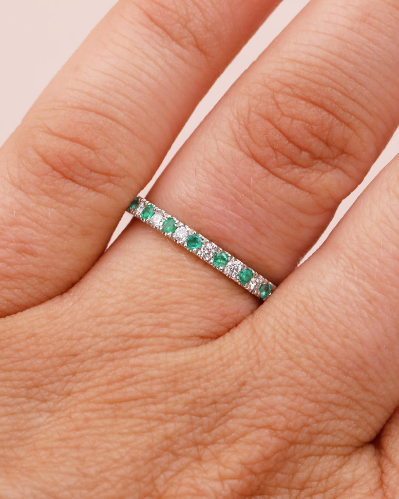 Emerald Diamond Wedding Band Women, Platinum Half Eternity Ring, Dainty Wedding Band, Green Gemstone Jewelry, Unique May Birthstone Rings image #2