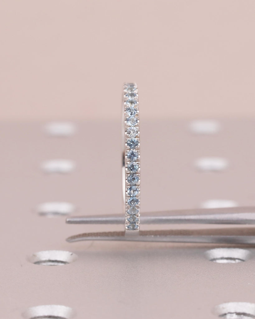 18k Solid Gold Stackable Ring, Aquamarine Half Eternity Wedding Band, Gemstone Ring image #5