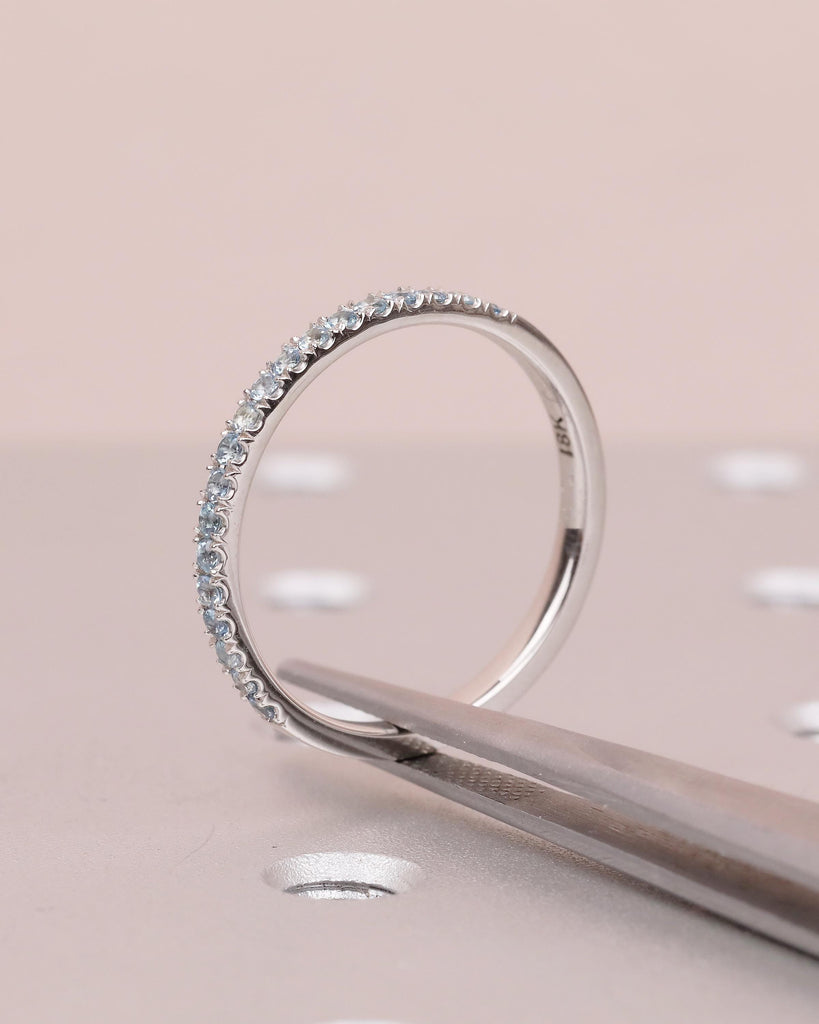 18k Solid Gold Stackable Ring, Aquamarine Half Eternity Wedding Band, Gemstone Ring image #13