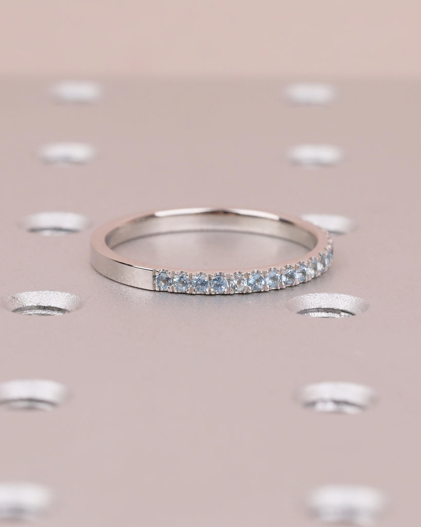 18k Solid Gold Stackable Ring, Aquamarine Half Eternity Wedding Band, Gemstone Ring image #14