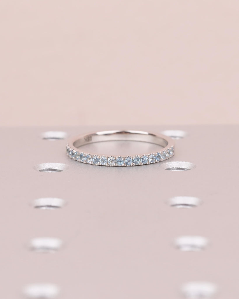 18k Solid Gold Stackable Ring, Aquamarine Half Eternity Wedding Band, Gemstone Ring image #11