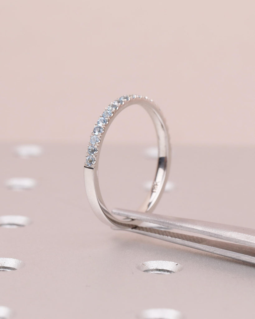 18k Solid Gold Stackable Ring, Aquamarine Half Eternity Wedding Band, Gemstone Ring image #15