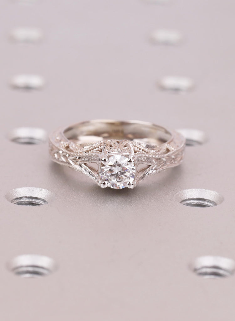 Vintage Engagement Ring 14K Gold Moissanite Engagement Ring Art Deco Milgrain Ring Prong Set Anniversary Unique Ring Hand Engraved Filigree