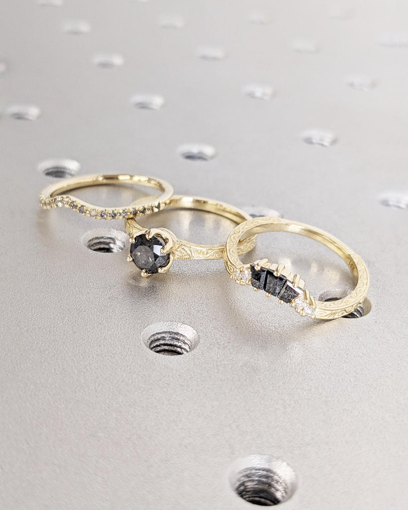 Antique Bridal Ring Set | Salt and Pepper Diamond Vintage Filigree Engagement Ring Set | Art Deco 3 Piece Bridal Set | 14K Solid Yellow Gold image #5