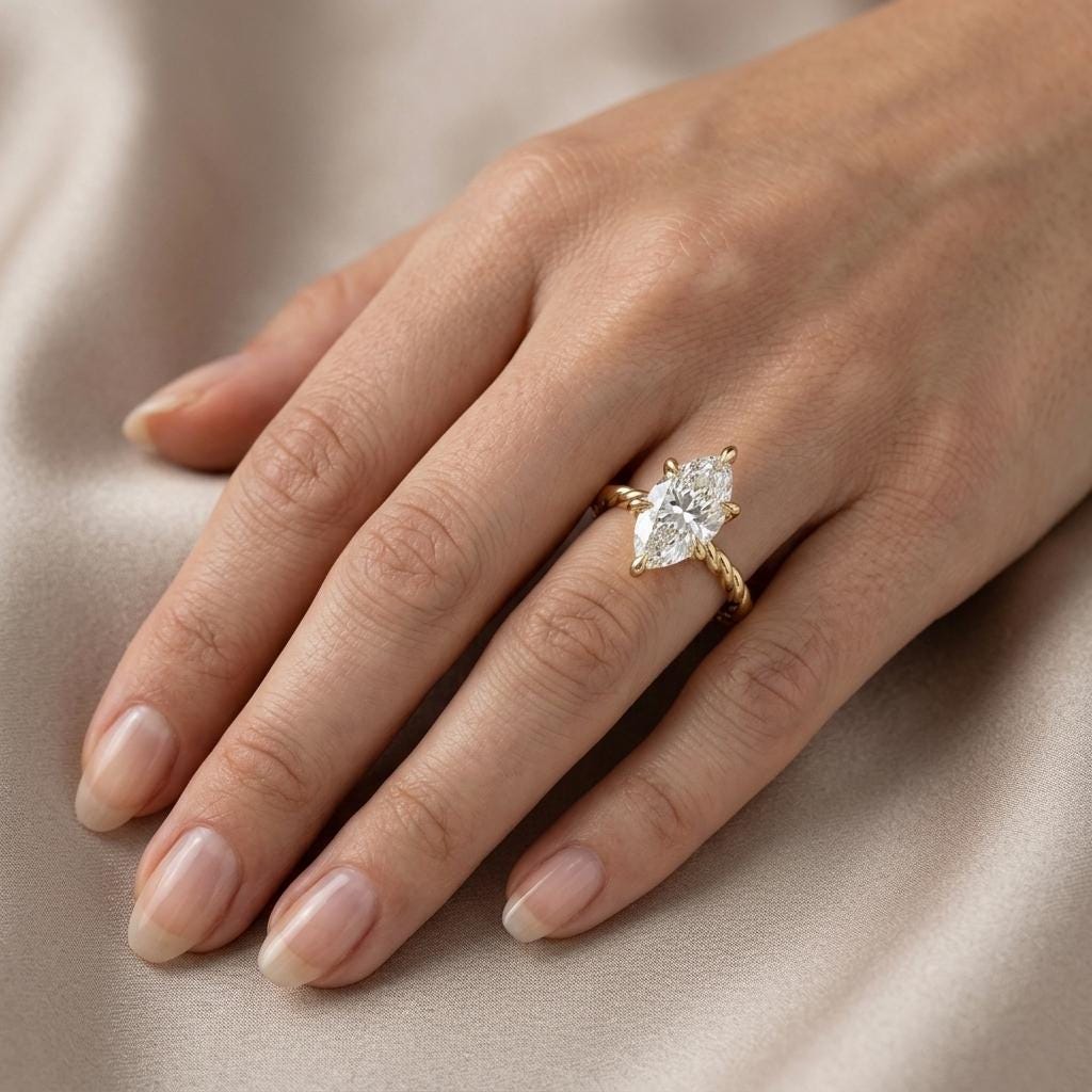 Marquise Moissanite Solitaire Engagement Ring | Solid Gold Twisted Rope Ring | Simple Promise Ring for Her | High End Bridal Jewelry Gift image #2