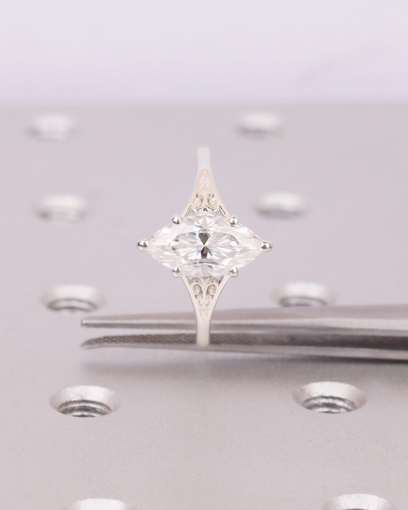 Silver Heirloom Moissanite Engagement Ring, Marquise Cut Ring, Victorian Filigree Ring, Antique Proposal Ring, Women's Anniversary Ring image #5