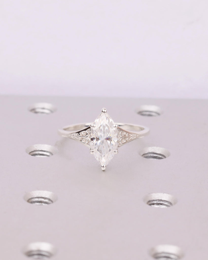Sterling Silver Antique Filigree Ring, White Marquise Moissanite Filigree Engagement Ring, Edwardian Ring, Vintage Wedding Ring for Her image #3