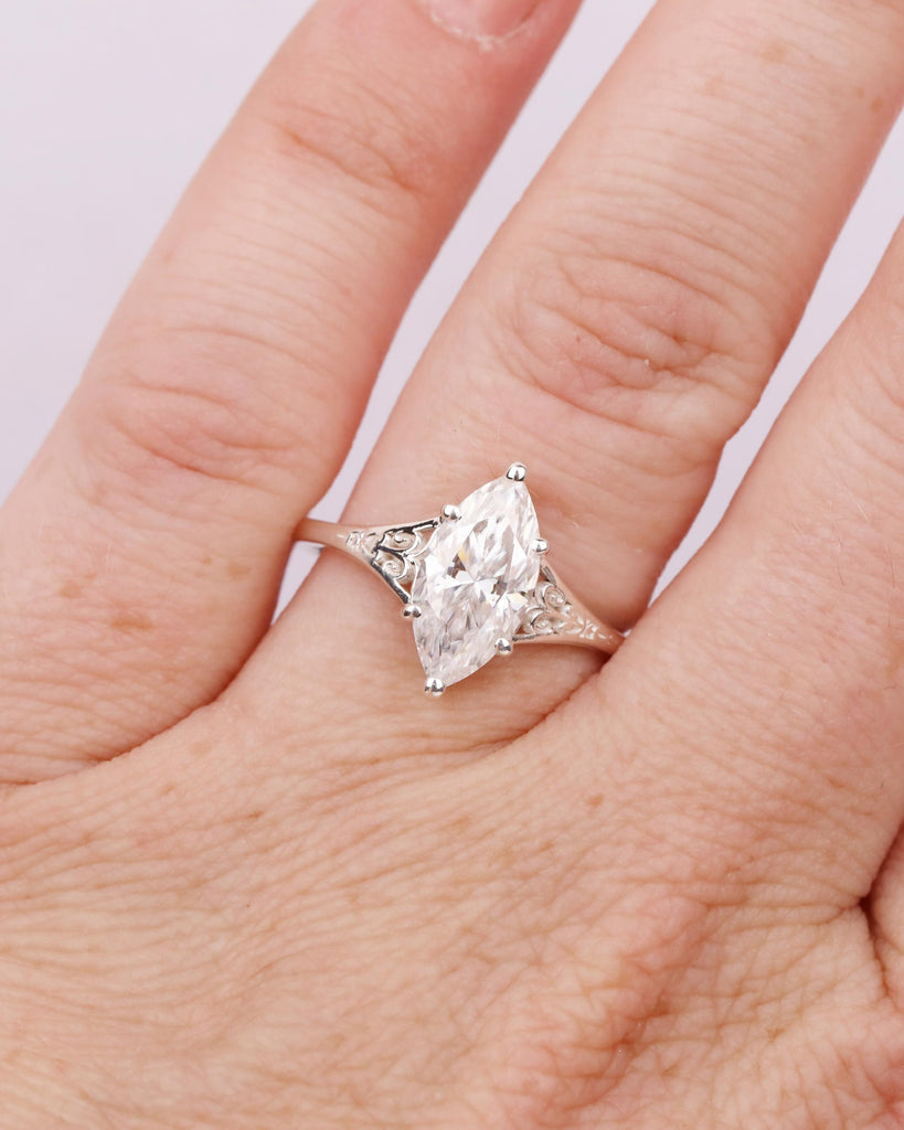 Silver Heirloom Moissanite Engagement Ring, Marquise Cut Ring, Victorian Filigree Ring, Antique Proposal Ring, Women's Anniversary Ring image #2