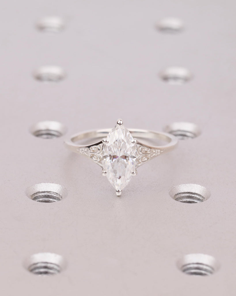 Sterling Silver Antique Filigree Ring, White Marquise Moissanite Filigree Engagement Ring, Edwardian Ring, Vintage Wedding Ring for Her image #4