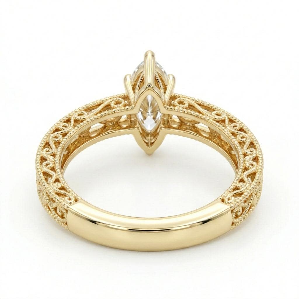 Vintage Heirloom Ring, Moissanite Engagement Ring, Marquise Cut Victorian Filigree Band, Milgrain 14k Yellow Gold Wedding Rings for Women image #3