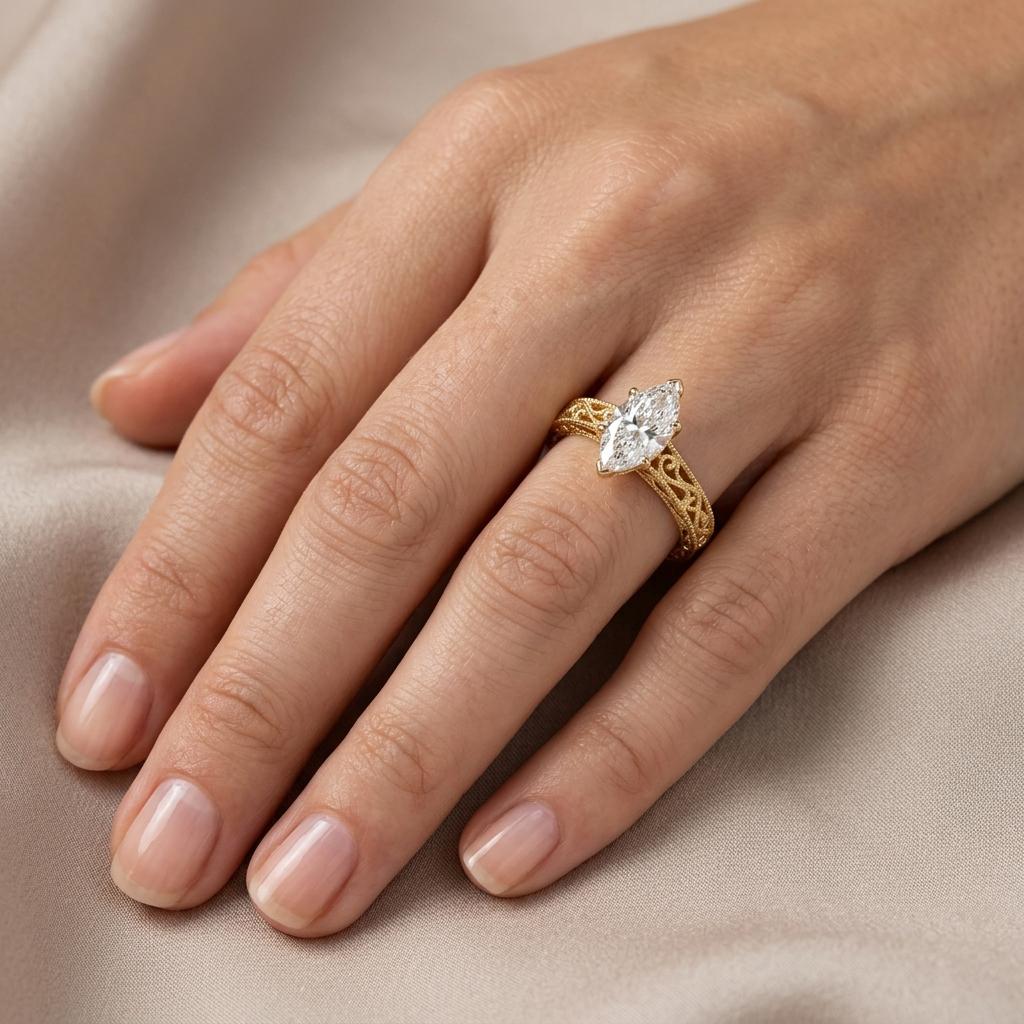 Vintage Heirloom Ring, Moissanite Engagement Ring, Marquise Cut Victorian Filigree Band, Milgrain 14k Yellow Gold Wedding Rings for Women image #4
