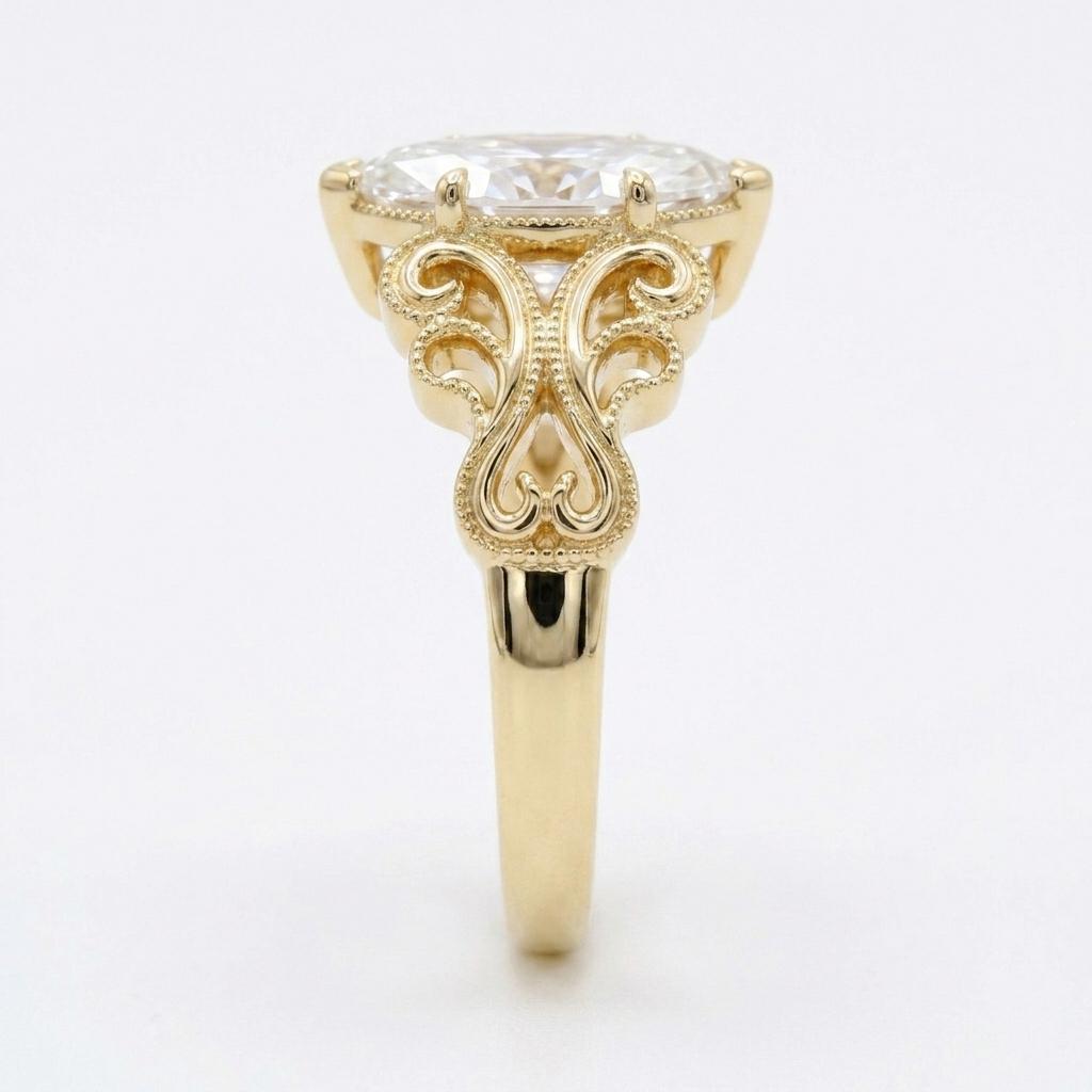 Marquise Cut Moissanite Ring Vintage Moissanite Engagement Ring Solid Gold Unique 4 Prongs V tips Engagement Ring Filigree Wedding Ring image #2