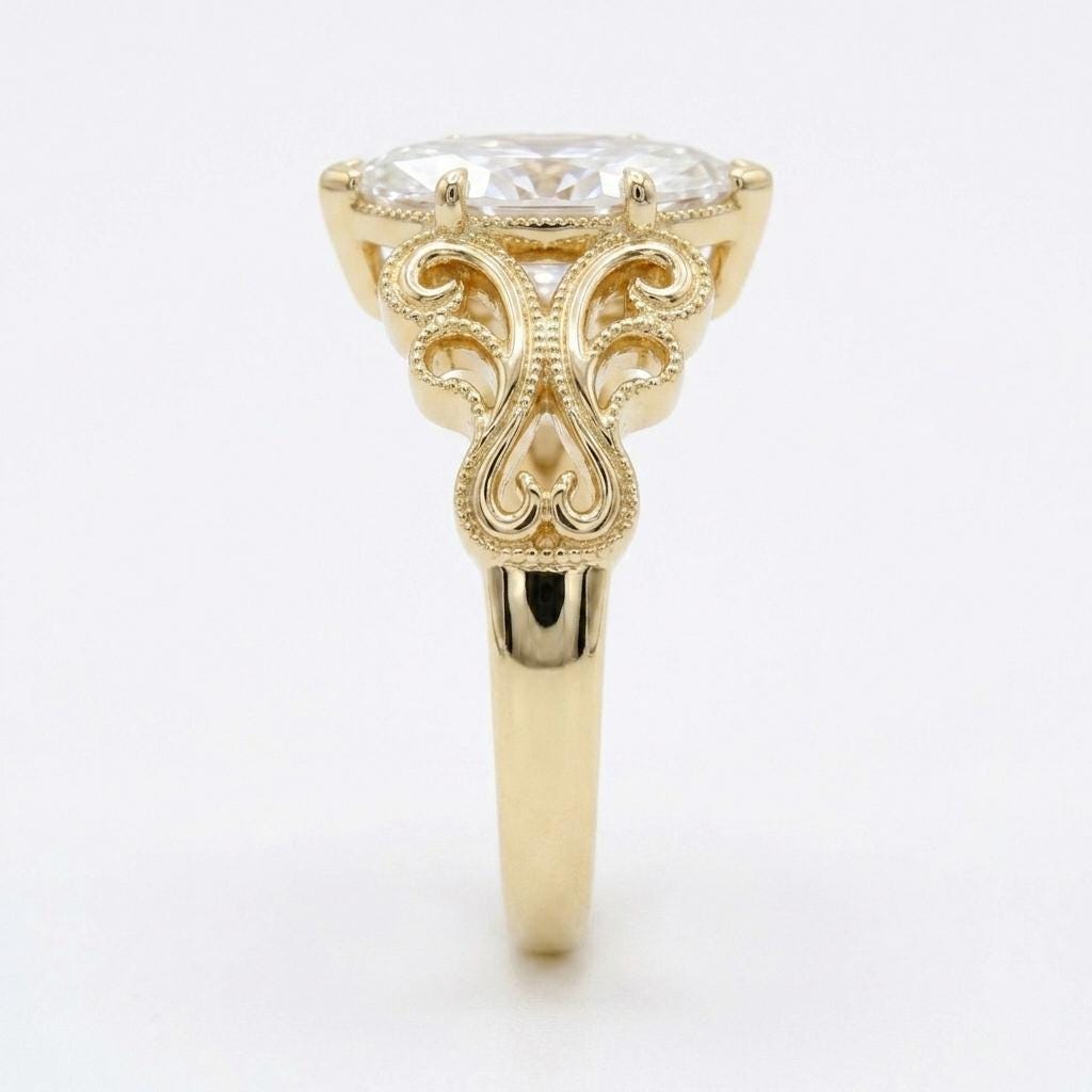 Vintage Marquise Cut Moissanite Engagement Ring, 14K Yellow Gold Filigree Wedding Band image #3