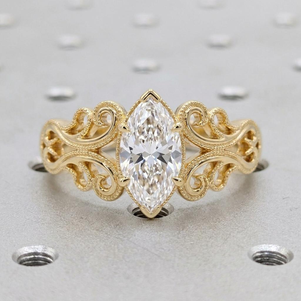 Marquise Cut Moissanite Ring Vintage Moissanite Engagement Ring Solid Gold Unique 4 Prongs V tips Engagement Ring Filigree Wedding Ring image #4