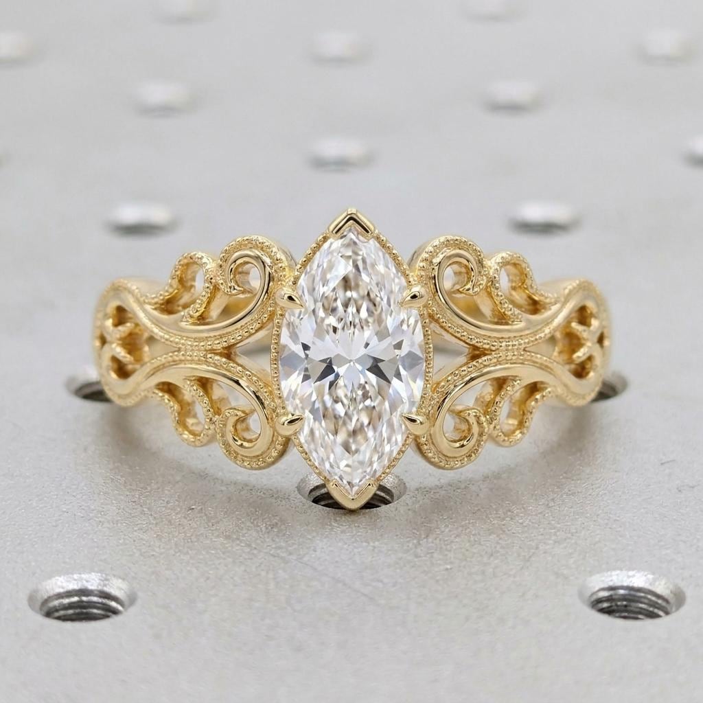 Vintage Marquise Cut Moissanite Engagement Ring, 14K Yellow Gold Filigree Wedding Band image #5