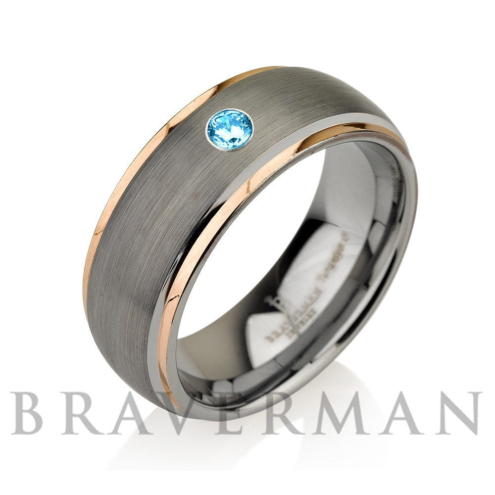 14k Rose Gold Tungsten Wedding Band, Aquamarine Band,Tungsten Carbide Wedding Band, Wedding Bands, Men Tungsten Rings, Mens Wedding Band