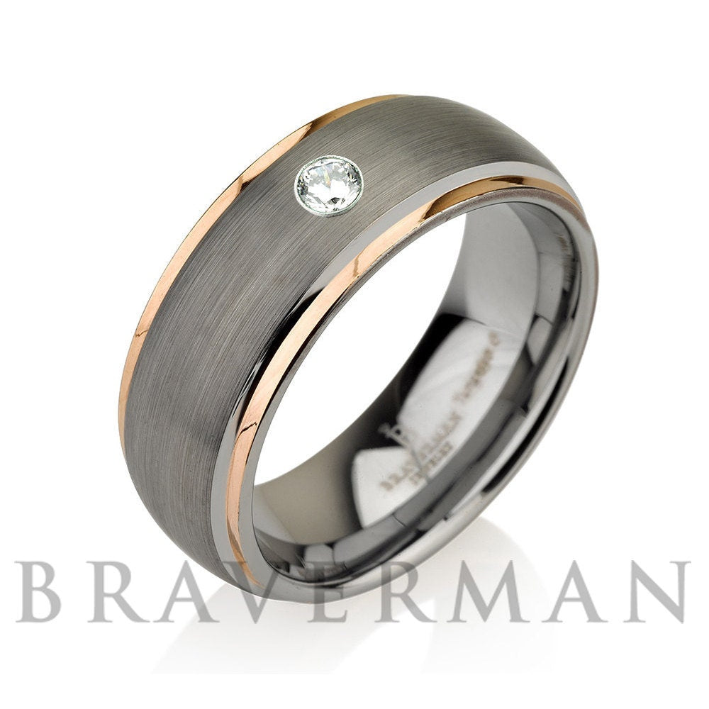 14k Rose Gold Tungsten Wedding Band, White Diamond Mens Wedding Band, Wedding Bands, Men Tungsten Rings, Mens Wedding Band,Brushed,8mm image #2