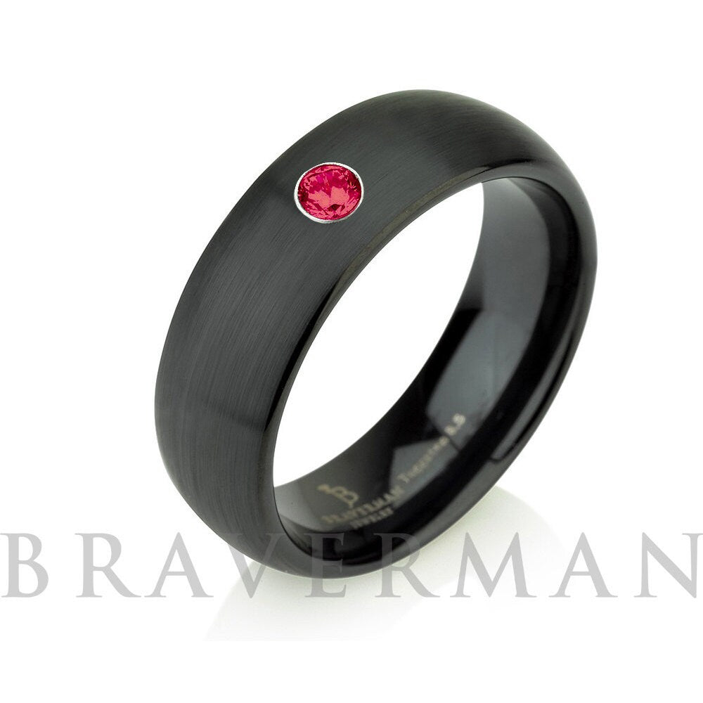 8MM Black Tungsten Wedding Bands | Red Ruby Mens Engagement Ring | Brushed Finish Domed Wedding Ring | His Anniversary Gift