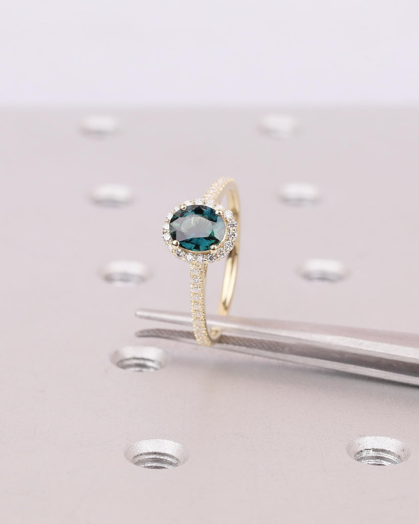 1ct Oval Peacock Sapphire Ring, Solid Gold Engagement Ring, Diamond Halo Ring, Hidden Peridot, Blue Sapphire Birthstone, Anniversary Rings image #10