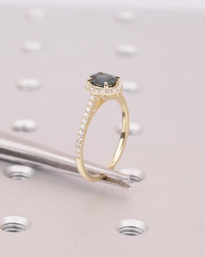 1ct Oval Peacock Sapphire Ring, Solid Gold Engagement Ring, Diamond Halo Ring, Hidden Peridot, Blue Sapphire Birthstone, Anniversary Rings image #11