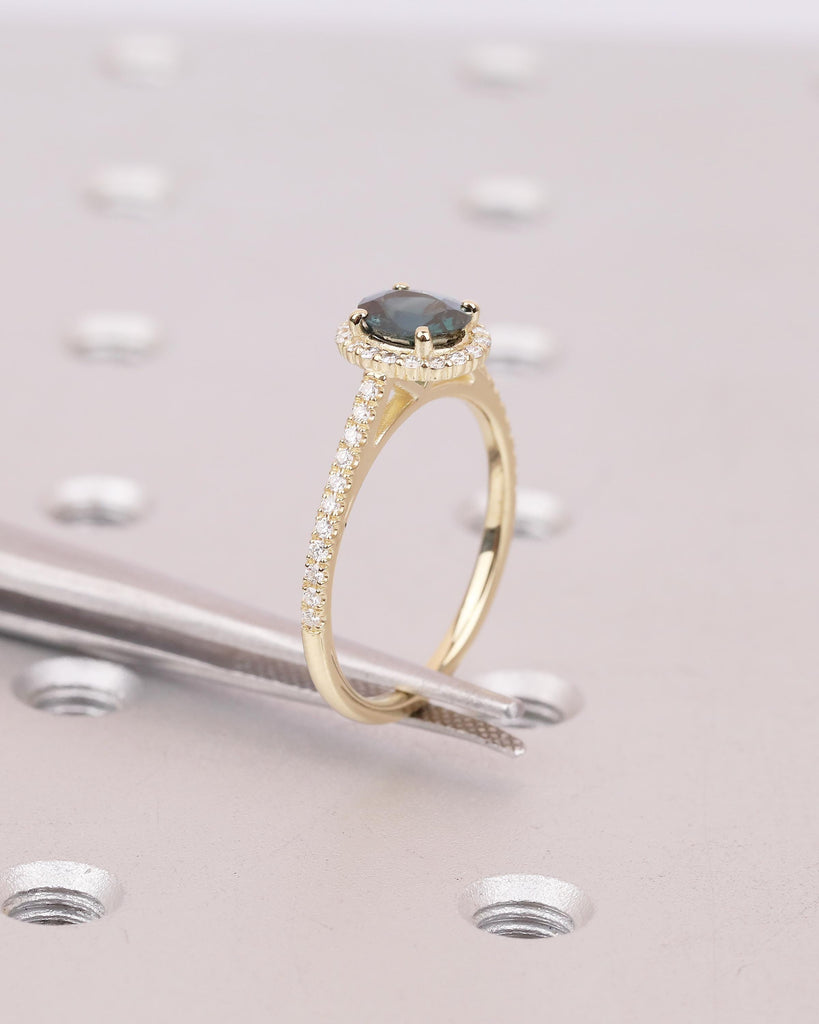 1ct Oval Teal Sapphire Engagement Ring, Dainty 14k Gold Halo Diamond Ring, Gemstone Jewelry image #11