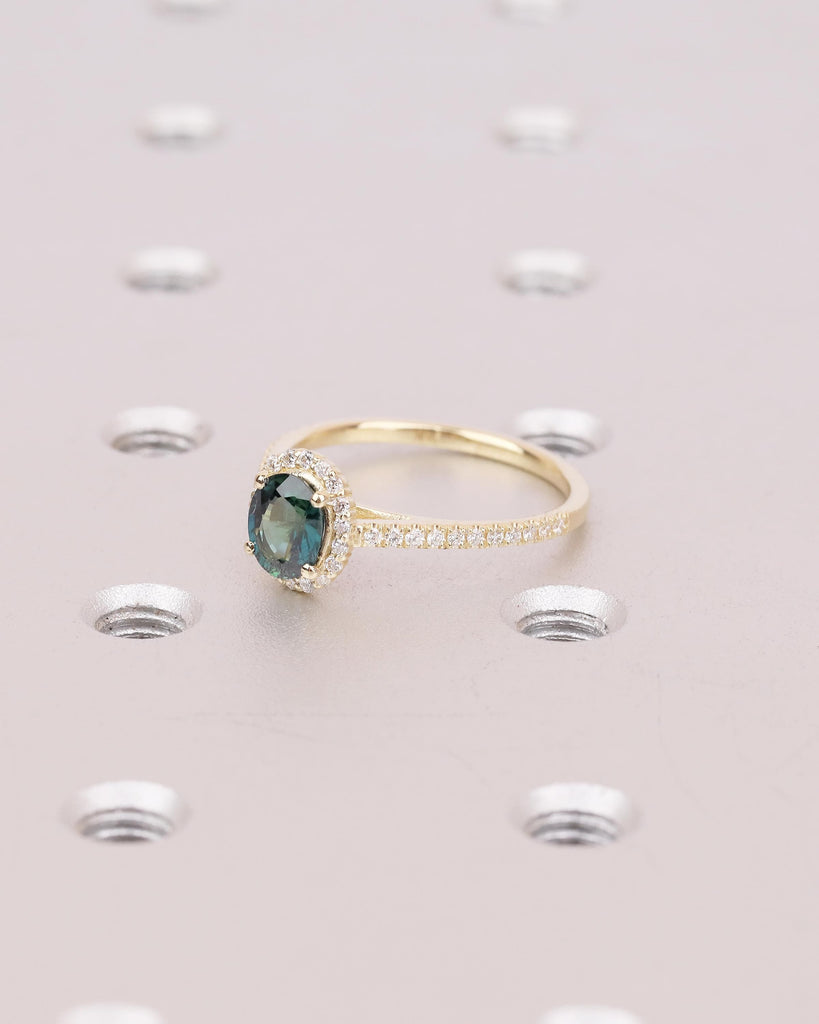 1ct Oval Teal Sapphire Engagement Ring, Dainty 14k Gold Halo Diamond Ring, Gemstone Jewelry image #4