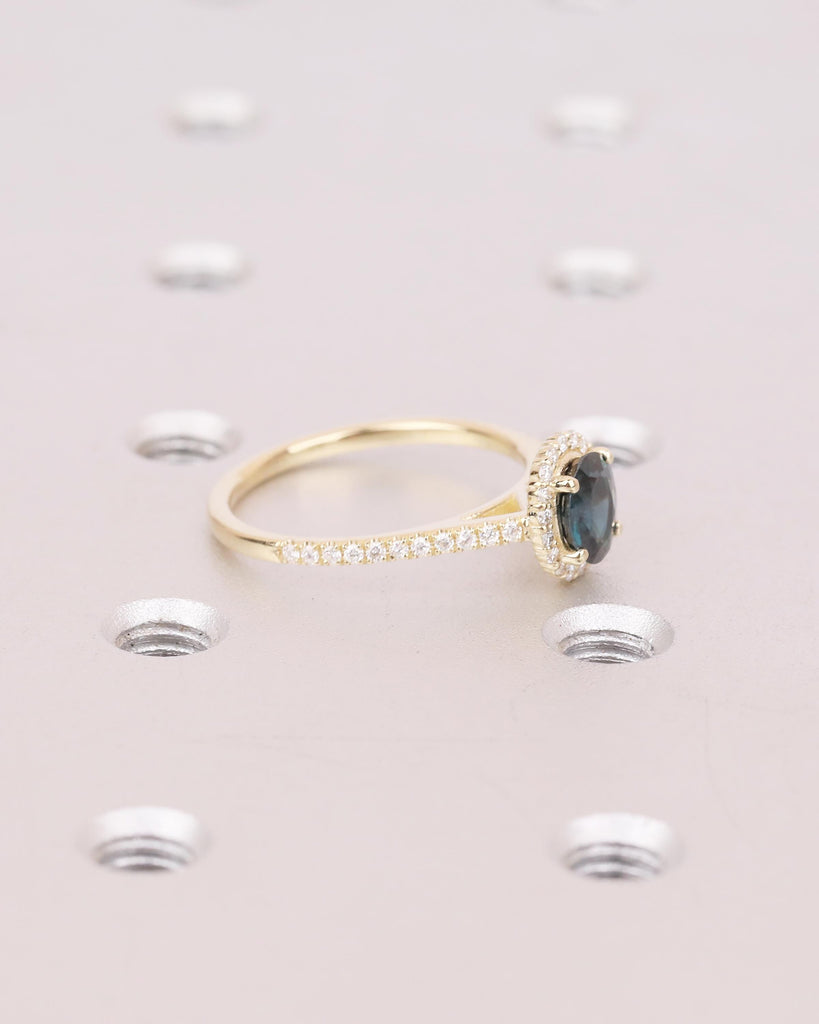 1ct Oval Teal Sapphire Engagement Ring, Dainty 14k Gold Halo Diamond Ring, Gemstone Jewelry image #9
