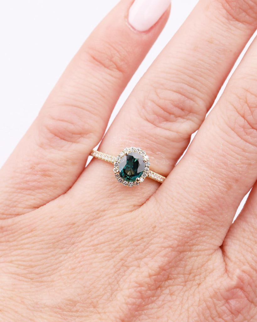 1ct Oval Peacock Sapphire Ring, Solid Gold Engagement Ring, Diamond Halo Ring, Hidden Peridot, Blue Sapphire Birthstone, Anniversary Rings image #3