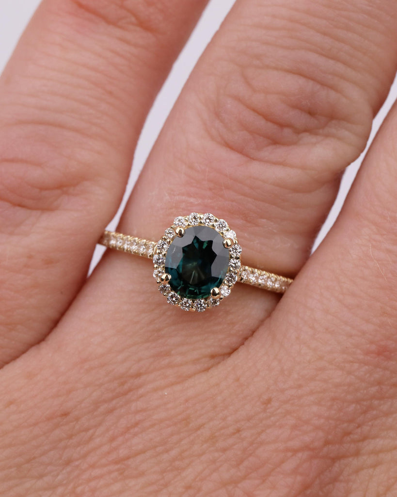 1ct Oval Peacock Sapphire Ring, Solid Gold Engagement Ring, Diamond Halo Ring, Hidden Peridot, Blue Sapphire Birthstone, Anniversary Rings image #18