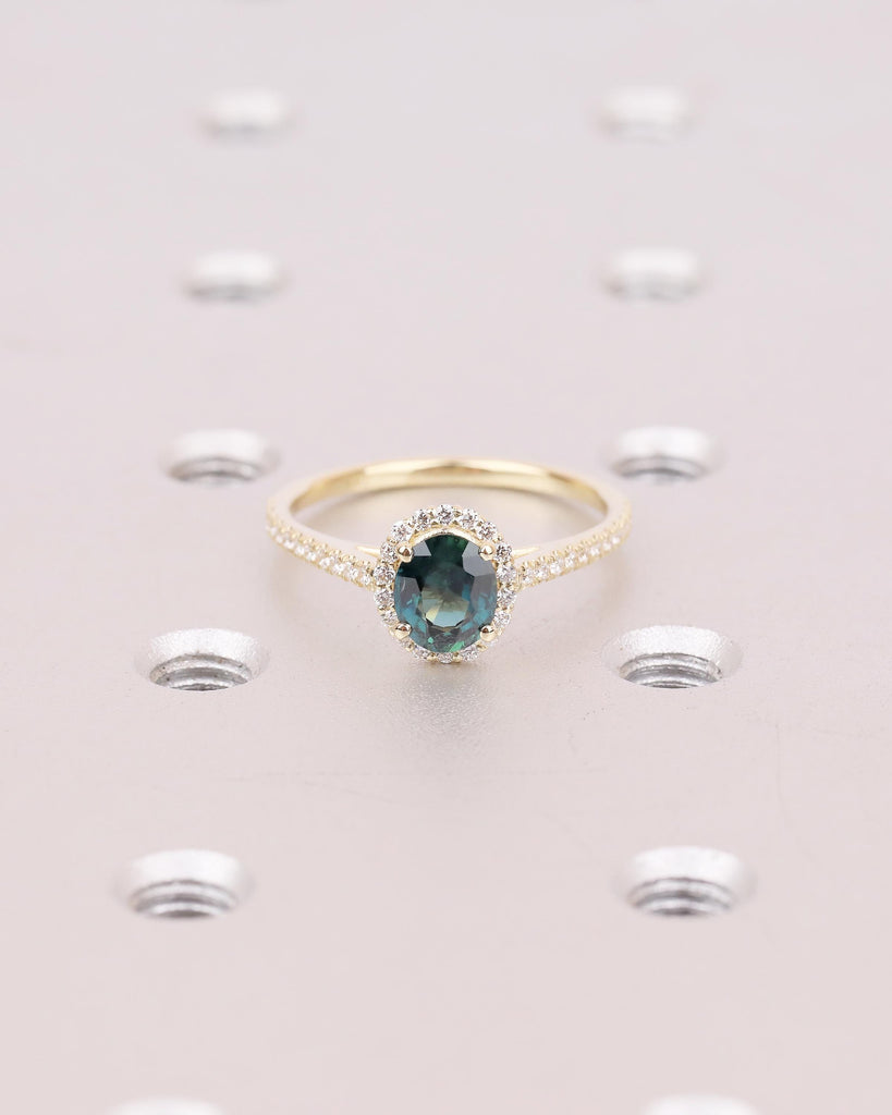1ct Oval Teal Sapphire Engagement Ring, Dainty 14k Gold Halo Diamond Ring, Gemstone Jewelry image #13