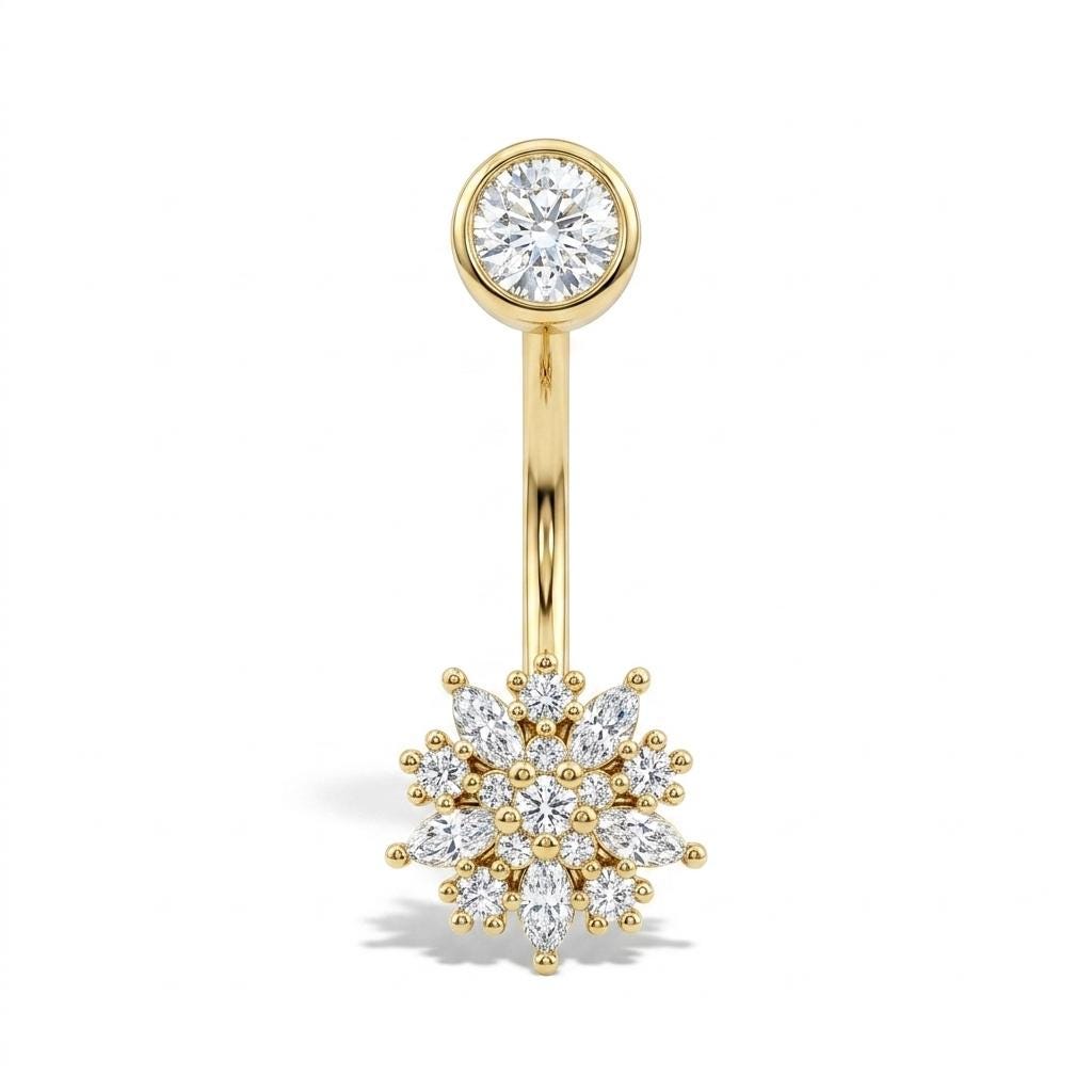 Natural Diamond Flower Navel Ring | 14K/18K Solid Gold Belly Button Diamond Piercing | Curved Belly Ring | Body Jewelry image #2