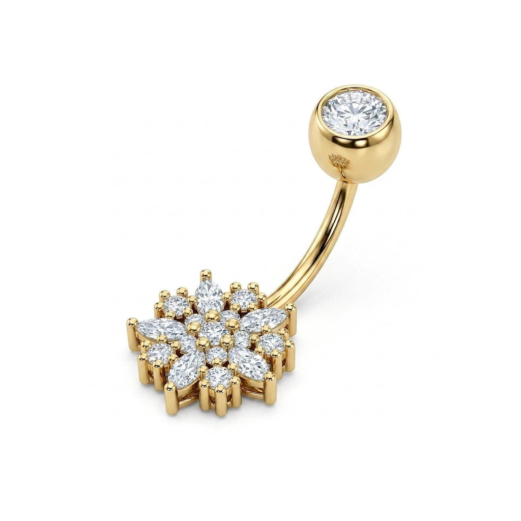 Natural Diamond Flower Navel Ring | 14K/18K Solid Gold Belly Button Diamond Piercing | Curved Belly Ring | Body Jewelry image #3