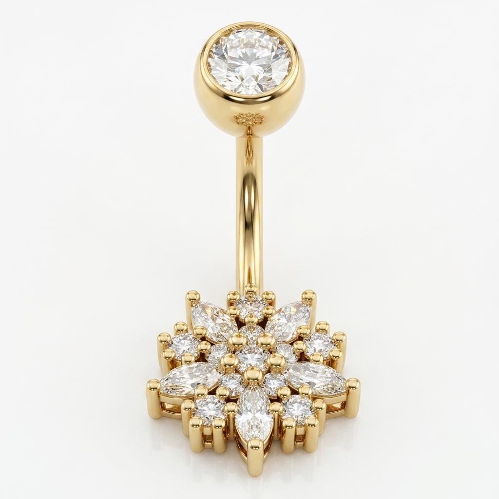 Natural Diamond Flower Navel Ring | 14K/18K Solid Gold Belly Button Diamond Piercing | Curved Belly Ring | Body Jewelry image #4