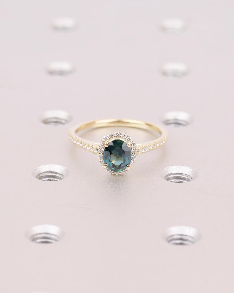 1ct Oval Teal Sapphire Engagement Ring, Dainty 14k Gold Halo Diamond Ring, Gemstone Jewelry image #2