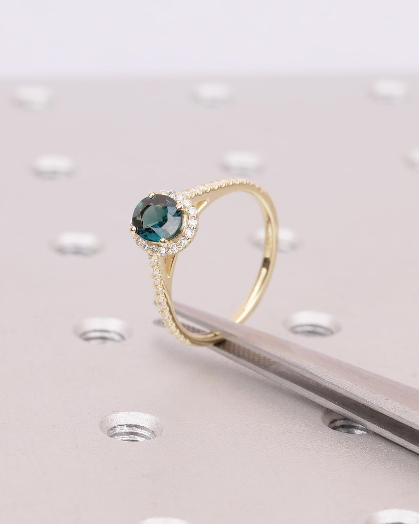 1ct Oval Peacock Sapphire Ring, Solid Gold Engagement Ring, Diamond Halo Ring, Hidden Peridot, Blue Sapphire Birthstone, Anniversary Rings image #2
