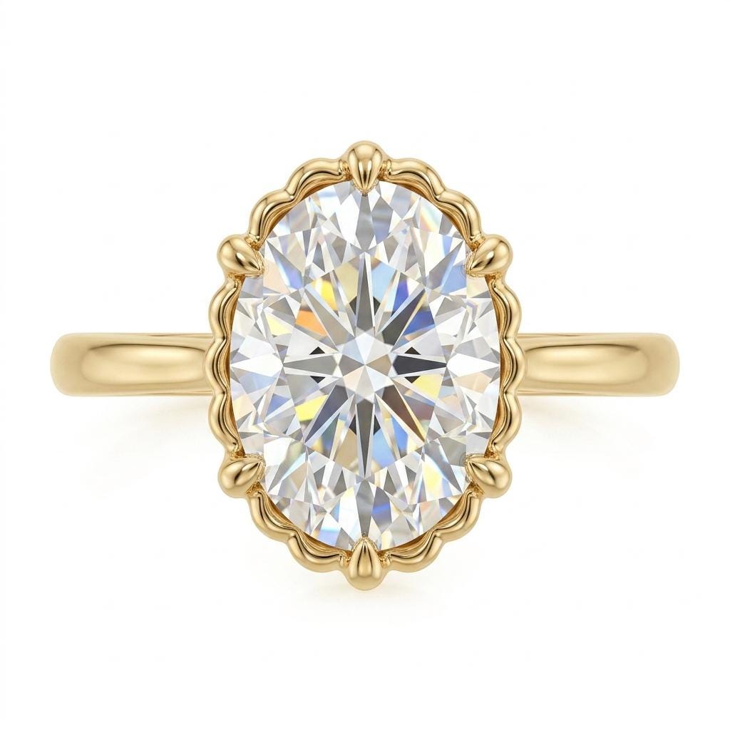 Oval Moissanite Gold Shell Ring | Unique Scallop Bezel set Custom Engagement Rings for Women | Wedding Anniversary Gift image #4
