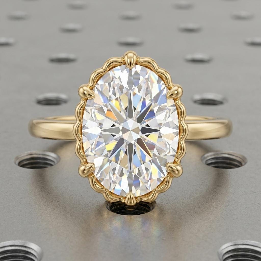 Oval Moissanite Gold Shell Ring | Unique Scallop Bezel set Custom Engagement Rings for Women | Wedding Anniversary Gift