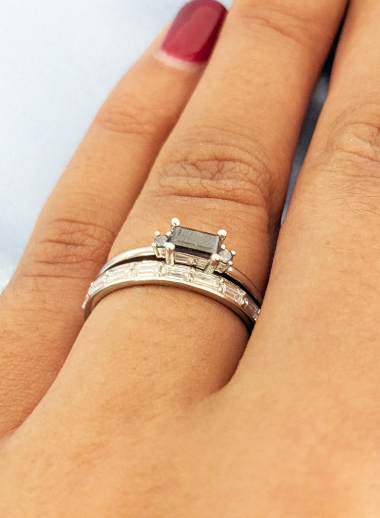 Salt and Pepper Diamond Engagement Ring Set with Baguette Matching Pave Band
