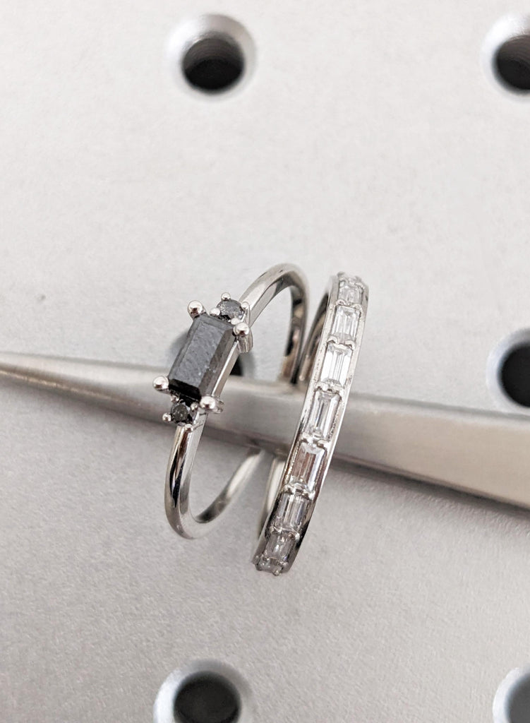 Unique Engagement Ring Set | Baguette Salt and Pepper Diamond | Lab Diamond Band | Personalized Gift