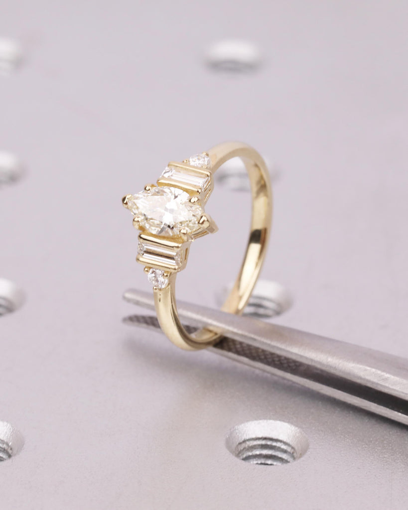Marquise Moissanite Engagement Ring, Baguette Cut and Round Accents, Yellow Gold Ring, 5 Stone Ring, Unique Promise Ring, Anniversary Gift image #2