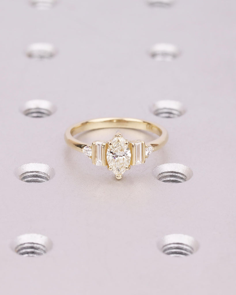 Marquise Moissanite Engagement Ring, Baguette Cut and Round Accents, Yellow Gold Ring, 5 Stone Ring, Unique Promise Ring, Anniversary Gift