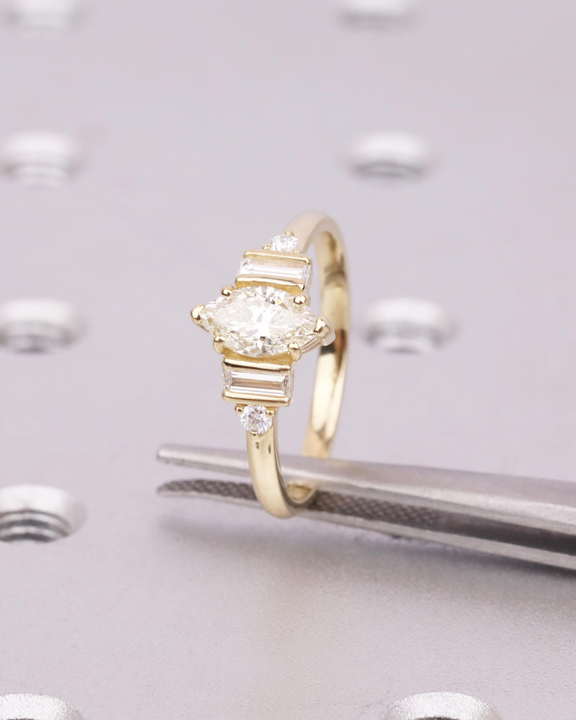 Marquise Moissanite Engagement Ring, Baguette Cut and Round Accents, Yellow Gold Ring, 5 Stone Ring, Unique Promise Ring, Anniversary Gift image #3