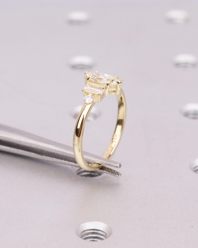 Marquise Moissanite Ring, Gold Vintage Style Engagement Ring, Round & Baguette Ring, Multi Stone Ring, Wedding Anniversary Gift image #9