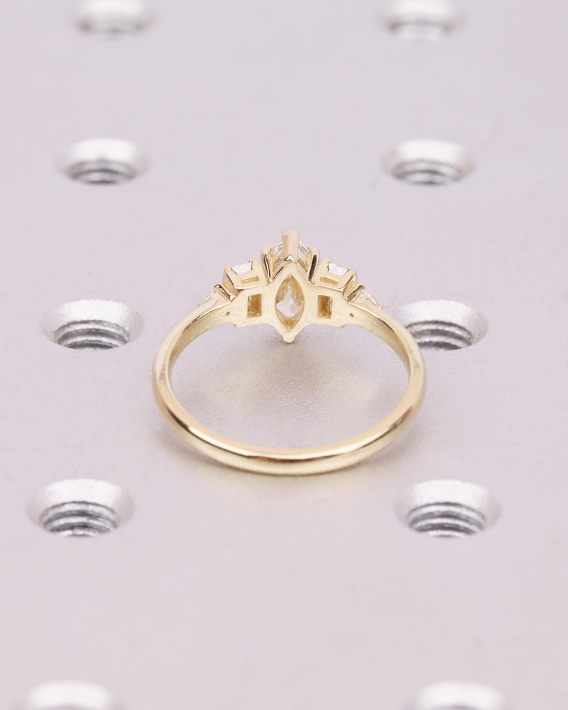 Marquise Moissanite Ring, Gold Vintage Style Engagement Ring, Round & Baguette Ring, Multi Stone Ring, Wedding Anniversary Gift image #8