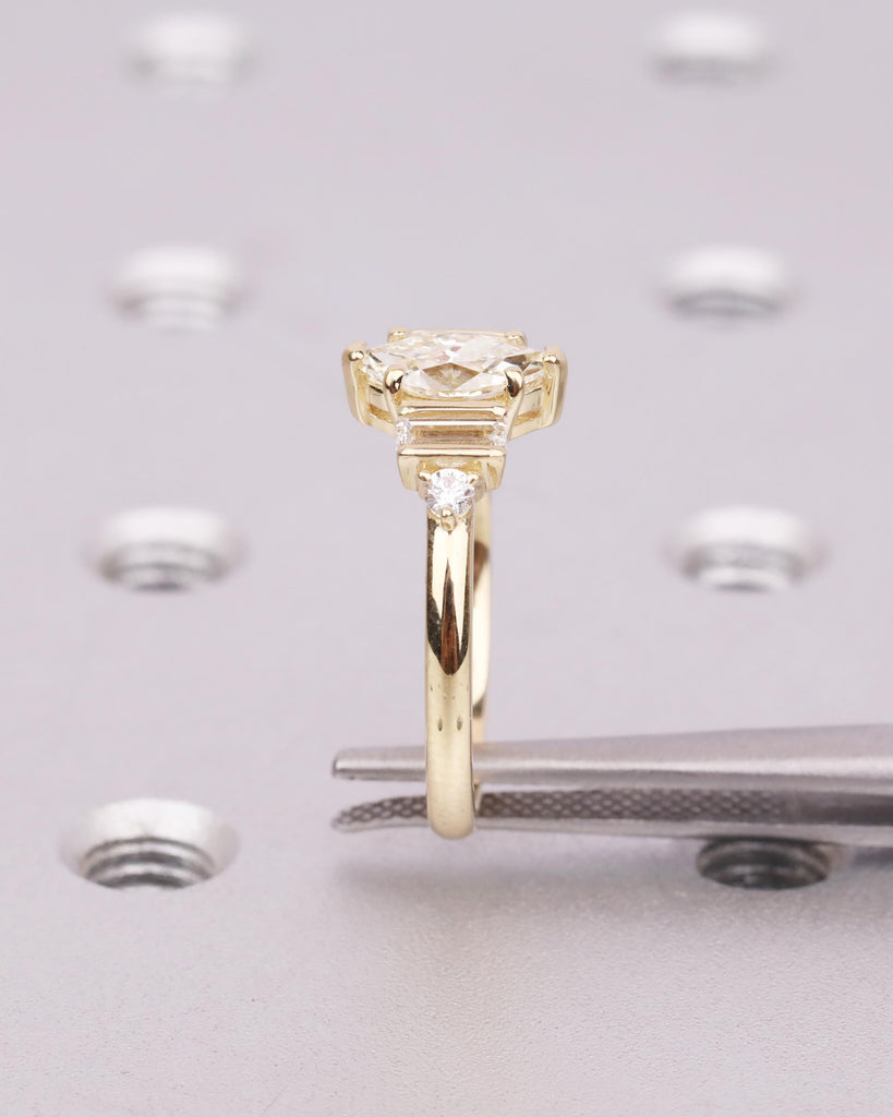 Marquise Moissanite Ring, Gold Vintage Style Engagement Ring, Round & Baguette Ring, Multi Stone Ring, Wedding Anniversary Gift image #10