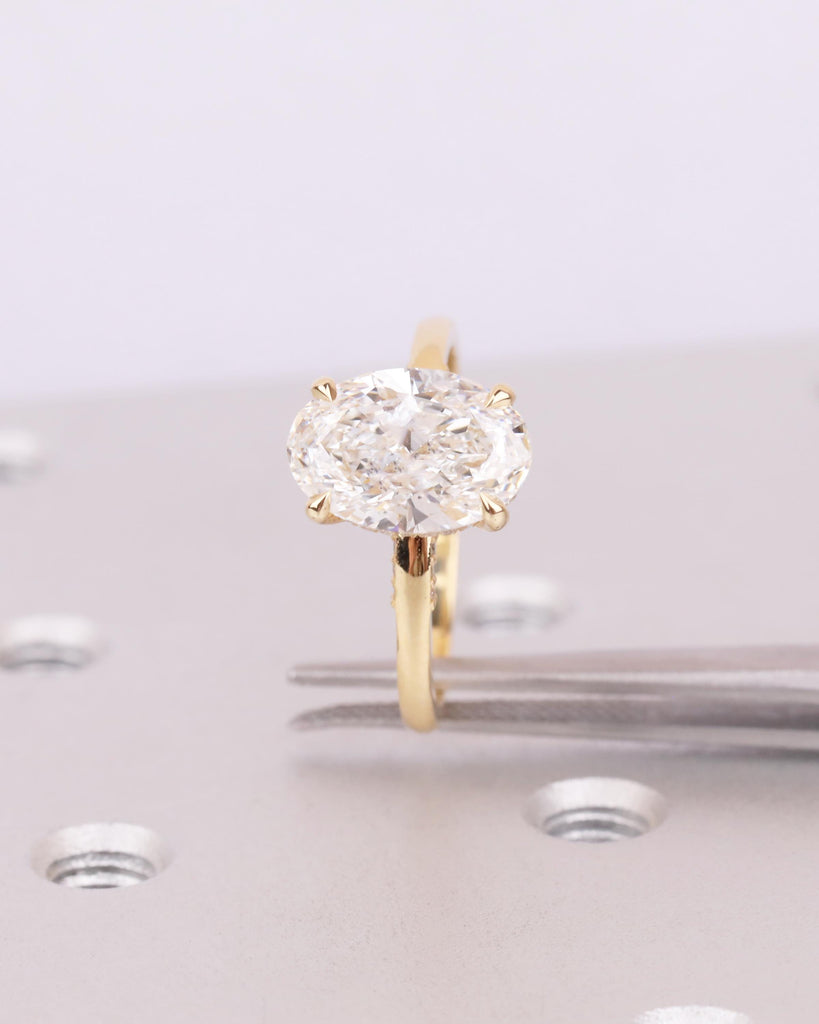 Oval Lab Diamond Engagement Ring, Hidden Halo 18k Gold, Solitaire Statement Ring image #11