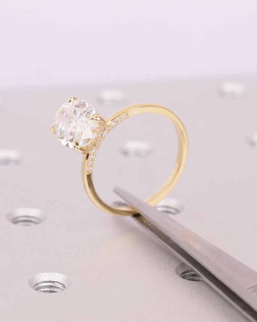 Oval Lab Diamond Engagement Ring, Hidden Halo 18k Gold, Solitaire Statement Ring image #15