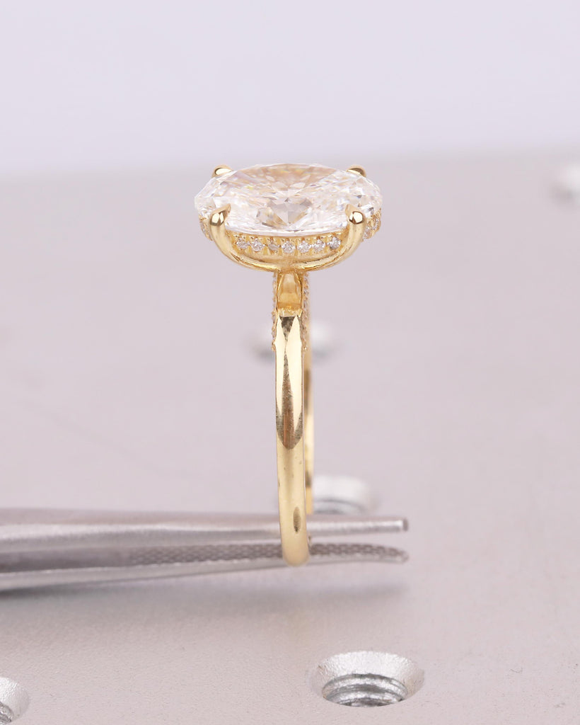 Oval Lab Diamond Engagement Ring, Hidden Halo 18k Gold, Solitaire Statement Ring image #3